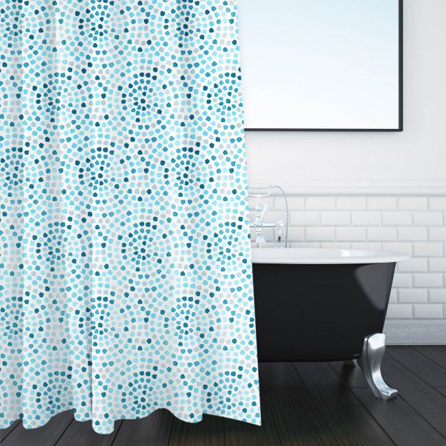 Κουρτίνα Μπάνιου Λευκή Με Τύπωμα Ψηφιδωτό Σε Μπλε Και Γκρι Shower Curtain White With Mosaic Print In Blue And Gray 180x180cm