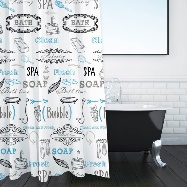 Κουρτίνα Μπάνιου Λευκή Με Τύπωμα Αντικείμενα Μπάνιου Shower Curtain White With Printed Designs Bathroom Items 180x180cm